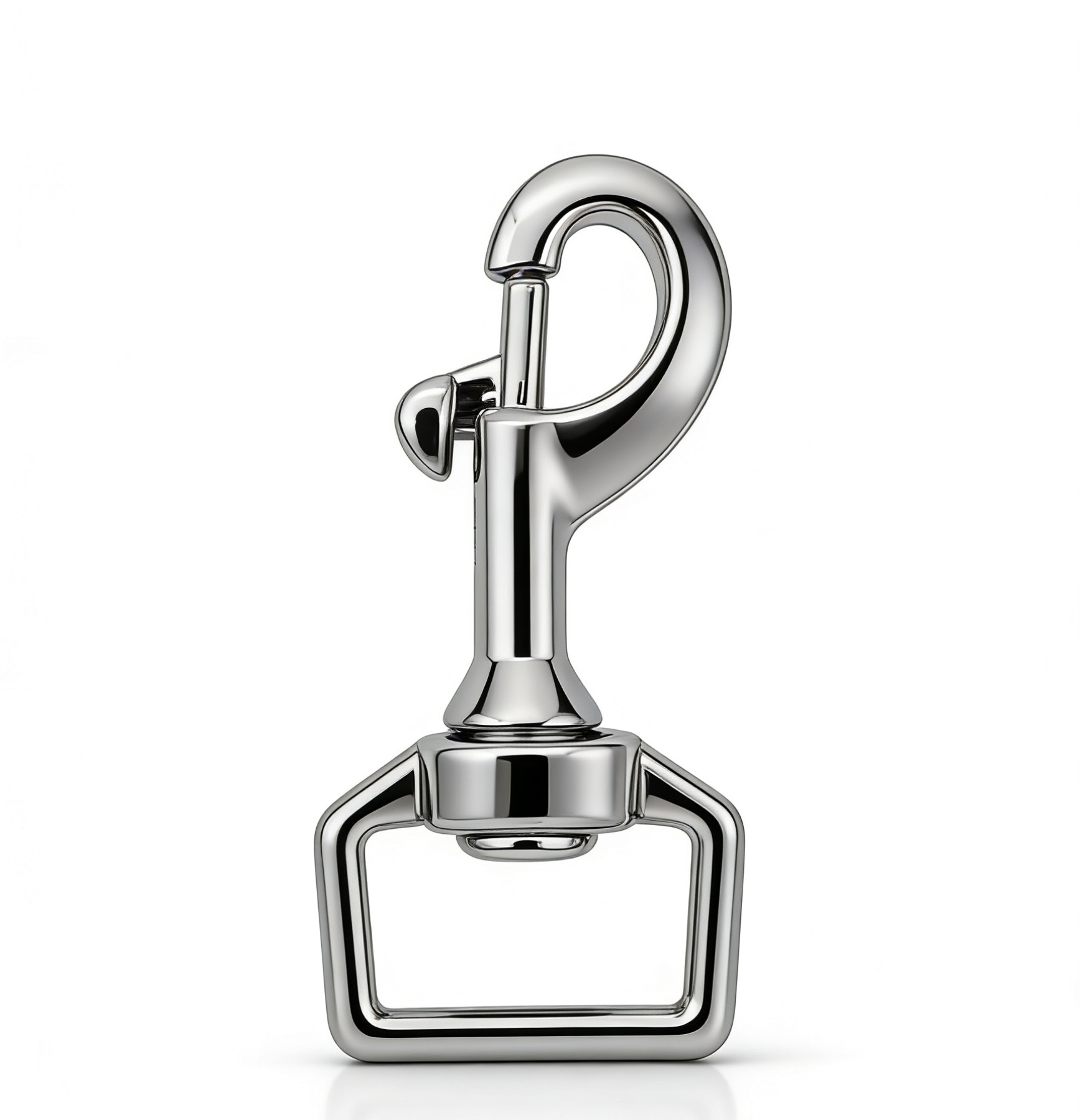 High-end mirror-polished silver swivel trigger snap hook with square base for flat leather straps and luxury briefcases, custom OEM manufactured by Wahkoi Metal.