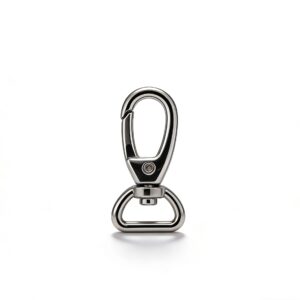 High-end silver heavy-duty riveted push-gate swivel snap hook with D-ring base for premium bag straps and tactical gear, custom OEM manufactured by Wahkoi Metal.