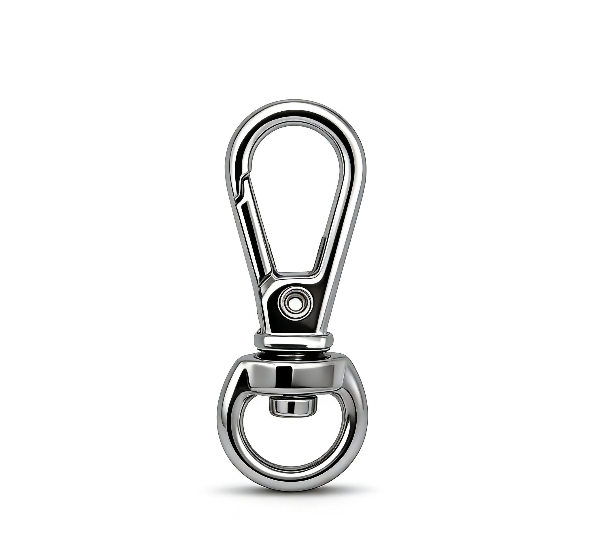 High-end silver heavy-duty riveted push-gate swivel snap hook with round base for premium pet leashes and techwear bags, custom OEM manufactured by Wahkoi Metal.