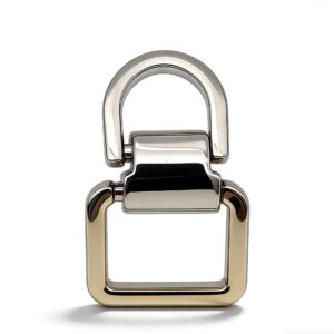 High-end two-tone mixed metal hinged strap connector with D-ring and rectangular loop for luxury handbags, custom OEM manufactured by Wahkoi Metal.