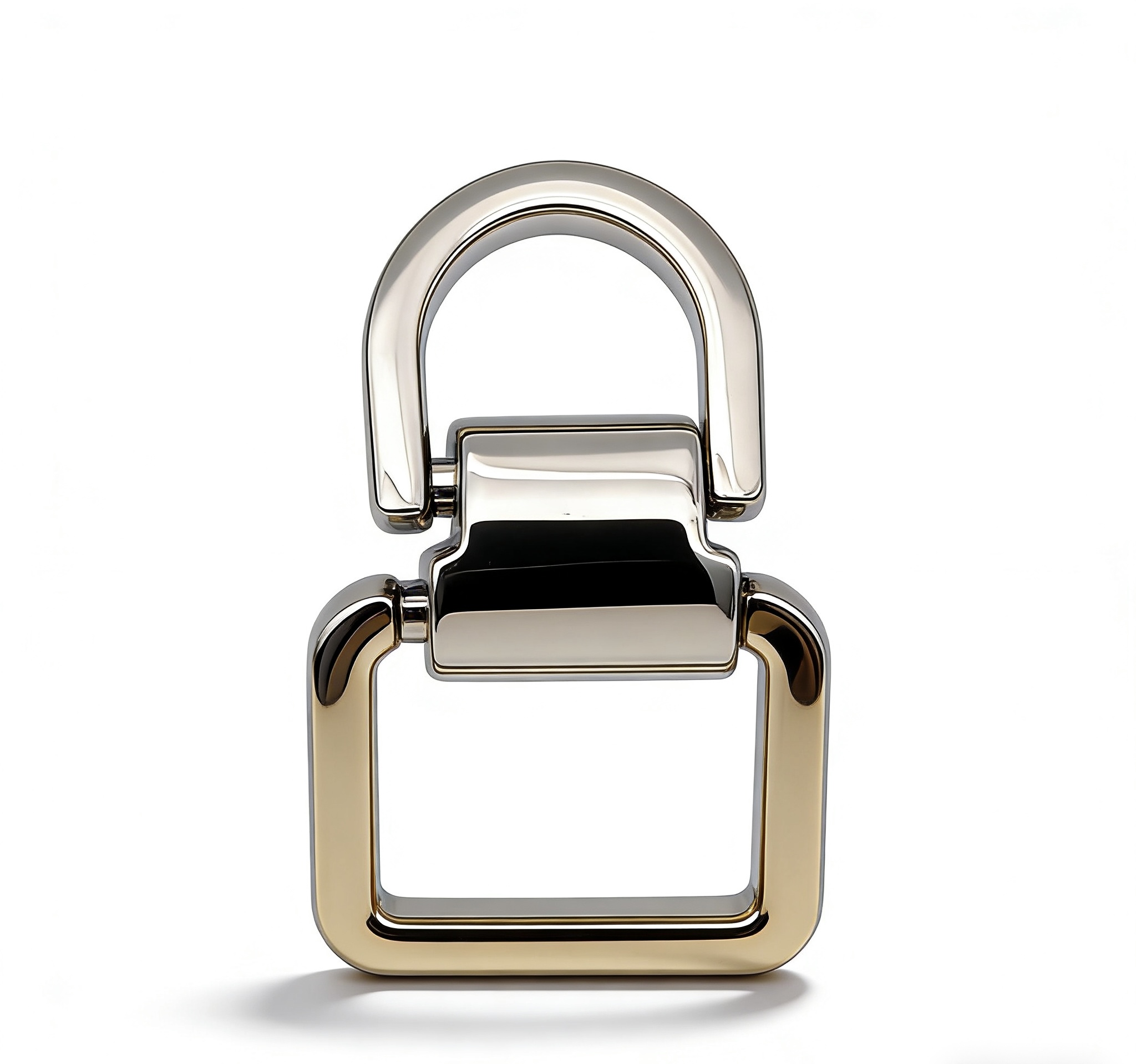 High-end two-tone mixed metal hinged strap connector with D-ring and rectangular loop for luxury handbags, custom OEM manufactured by Wahkoi Metal.