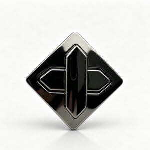 Close-up of a high-polish gunmetal diamond-shaped twist lock featuring a futuristic geometric cross design for luxury handbags, custom manufactured by Wahkoi Metal