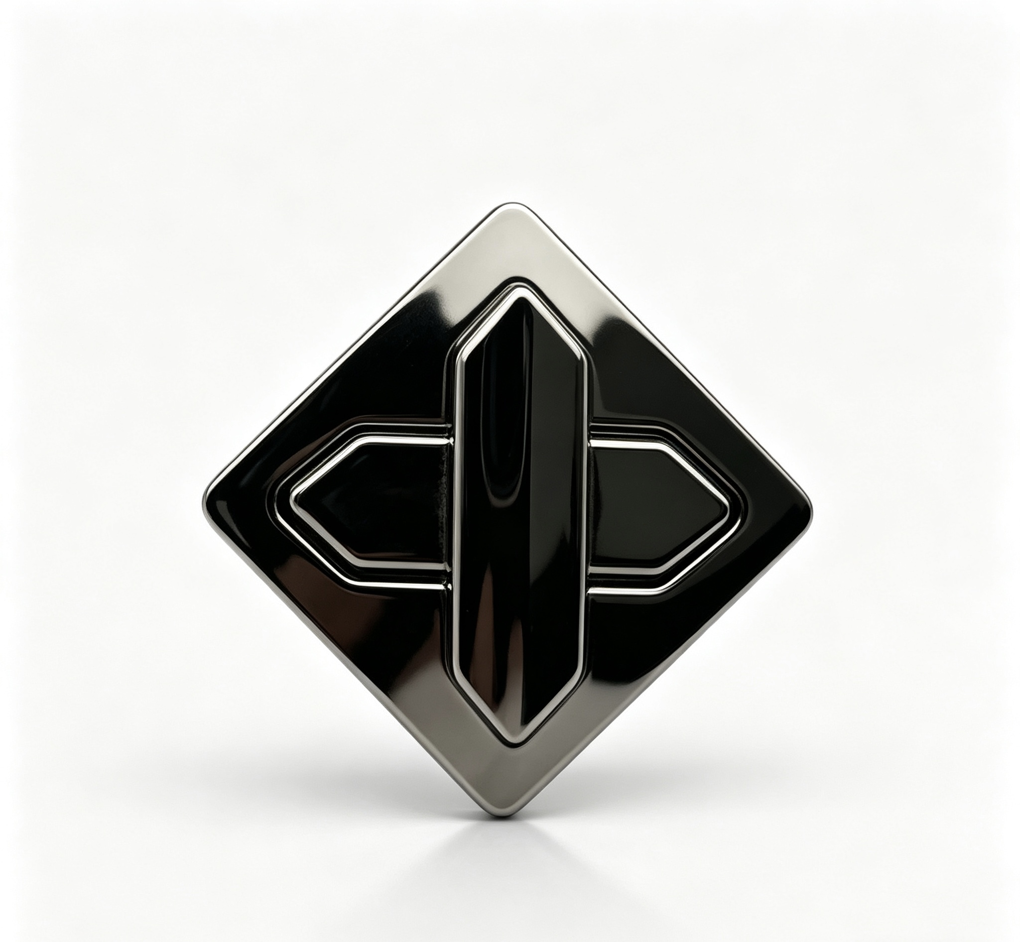 Close-up of a high-polish gunmetal diamond-shaped twist lock featuring a futuristic geometric cross design for luxury handbags, custom manufactured by Wahkoi Metal