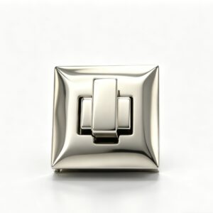 Close-up of a high-polish silver square cushion twist lock with beveled edges for luxury handbags, custom manufactured by Wahkoi Metal
