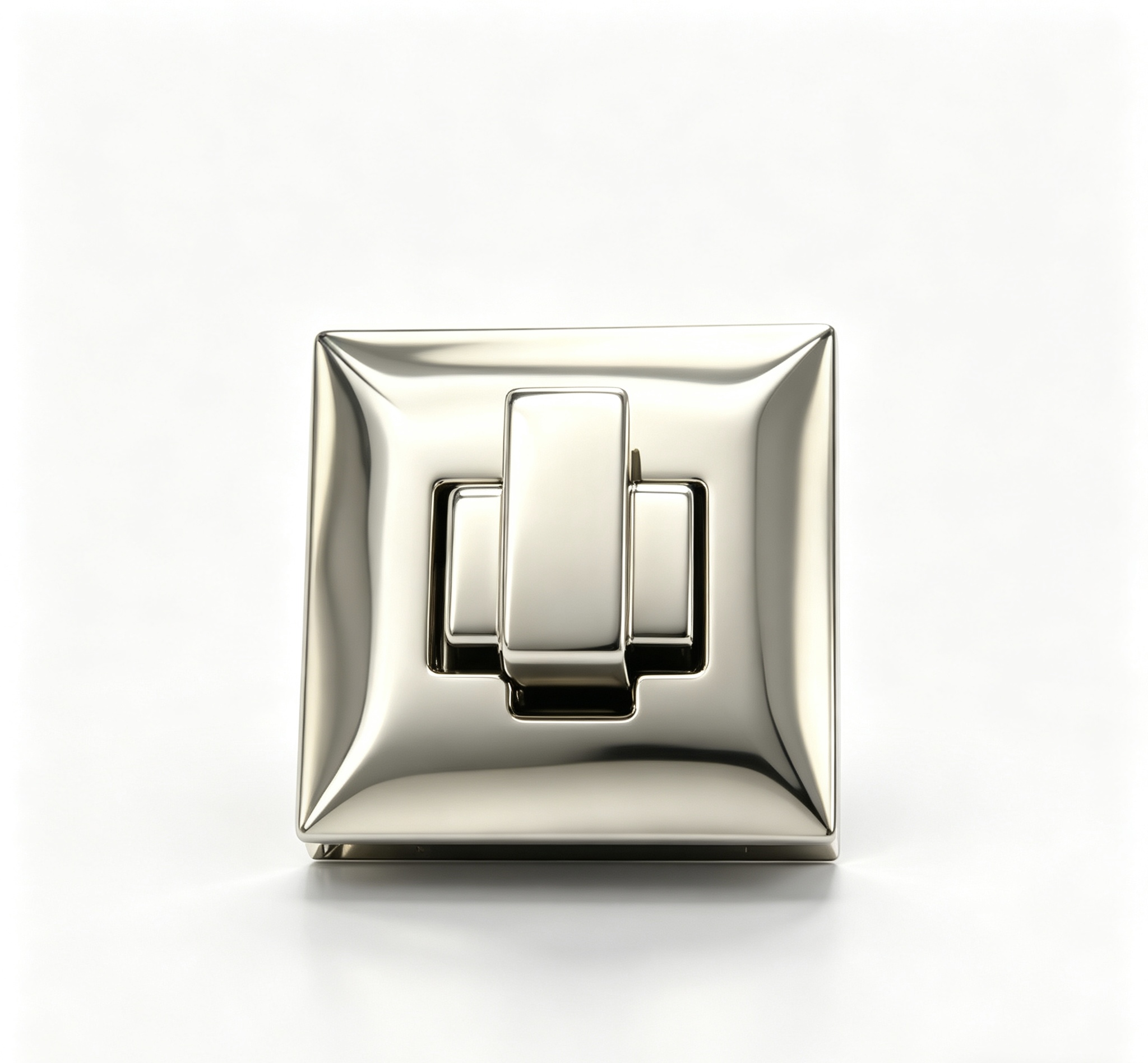 Close-up of a high-polish silver square cushion twist lock with beveled edges for luxury handbags, custom manufactured by Wahkoi Metal