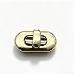 Close-up of a high-polish light gold elongated oval twist lock with seamless contours for luxury handbags, custom manufactured by Wahkoi Metal