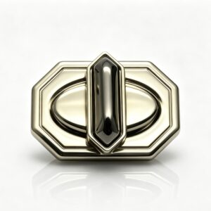 Close-up of a high-polish light gold octagonal Art Deco twist lock with a faceted turn bar for luxury handbags, manufactured by Wahkoi Metal