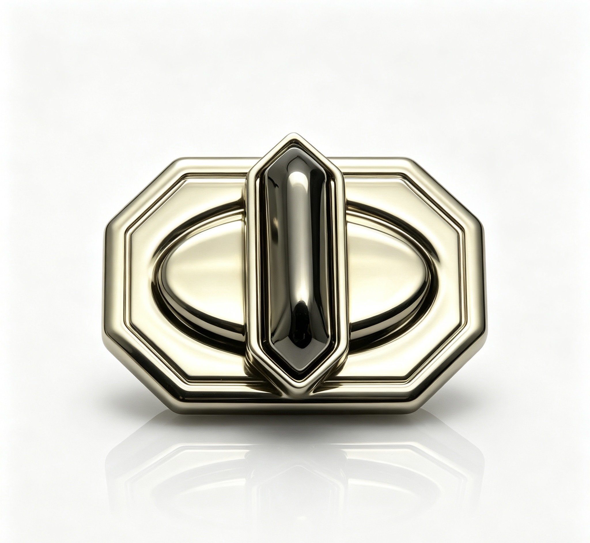 Close-up of a high-polish light gold octagonal Art Deco twist lock with a faceted turn bar for luxury handbags, manufactured by Wahkoi Metal