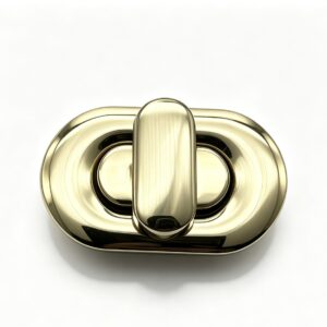 Close-up of a high-polish light gold pill-shaped capsule twist lock for luxury puffy handbags, custom manufactured by Wahkoi Metal