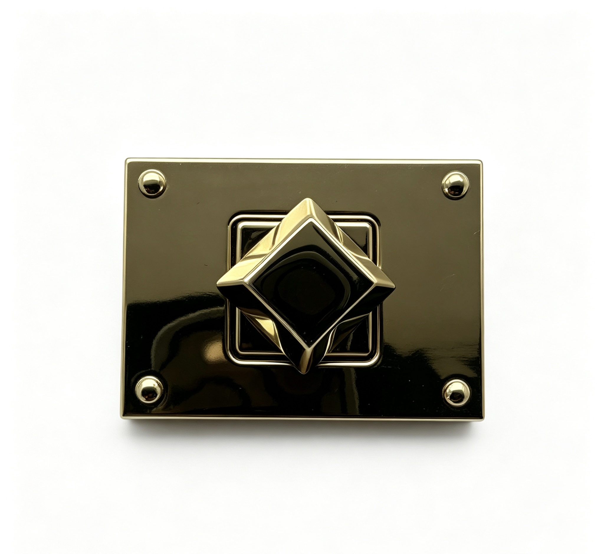 Close-up of a high-polish light gold rectangular twist lock featuring a 3D diamond turn mechanism and corner rivets for luxury handbags, custom manufactured by Wahkoi Metal