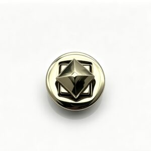 Close-up of a high-polish light gold round twist lock featuring a 3D pyramid stud turn mechanism for luxury handbags, custom manufactured by Wahkoi Metal